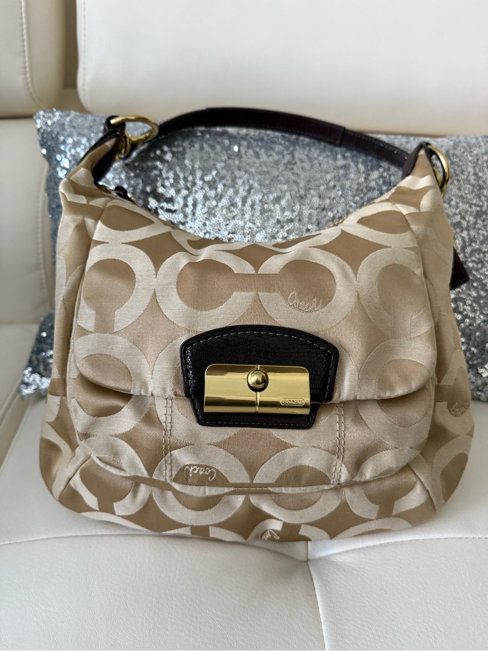 Coach Beige Signature Jacquard Hobo Bag with Gold Hardware